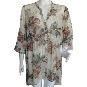 TORRID Top, 2 (2X) Cream Chiffon, Floral print, Gold dots, 3/4 Tab sleeves
